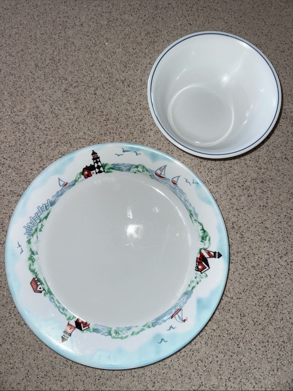 Corelle Outer Banks Dinner Plate and Corelle blue rimmed bowl - nautical